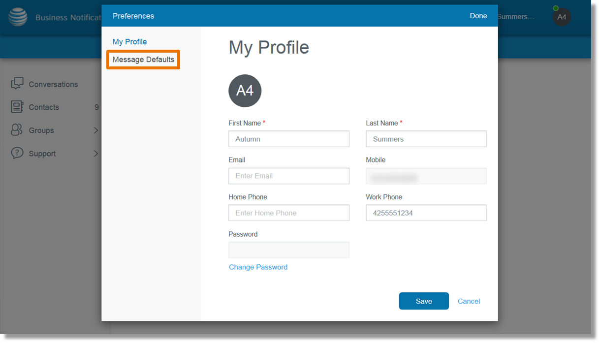 Set your message defaults for your profile in AT&T Business