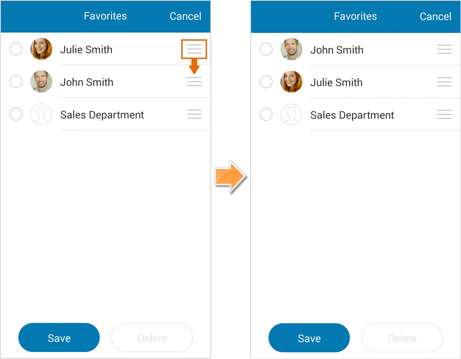 Tap and hold Move button and drag contact to arrange list.