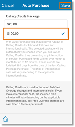 Choose your desired Calling Credits Package, then tap Save.