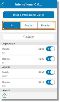 The All tab displays all countries. The Enabled tab lists all the countries with International Calling enabled. Likewise, the Disabled tab displays all the countries with International Calling disabled.
