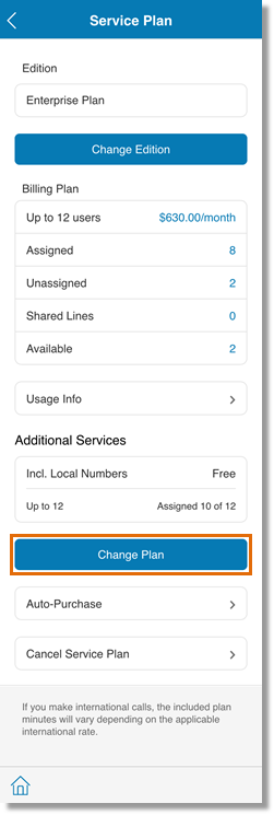 You can review your Service Plan information in this section. Tap Change Plan.