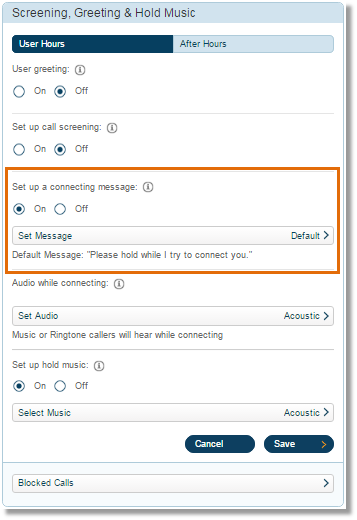 Screening greeting and hold music settings are displayed.