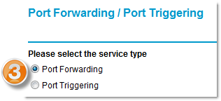 Select radio button for either Port Forwarding or Port Triggering