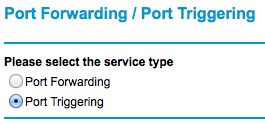 Select either port forwarding or port triggering radio button.