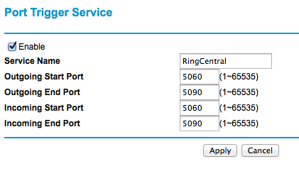 Port trigger service screen.