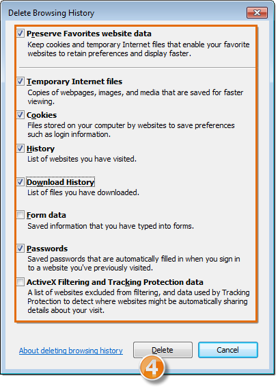 Delete browsing history screen