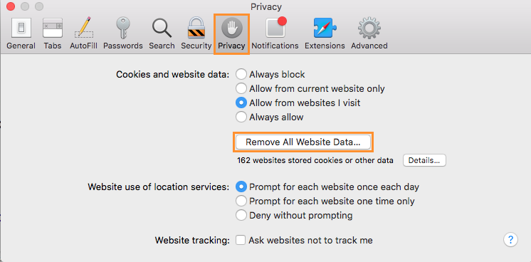 Click Privary and click Remove all Website Data