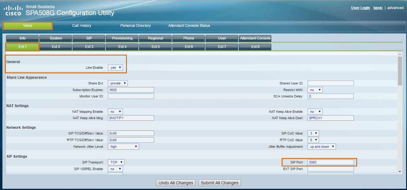 5. Go to Voice, and then configure the following settings under Ext 1.