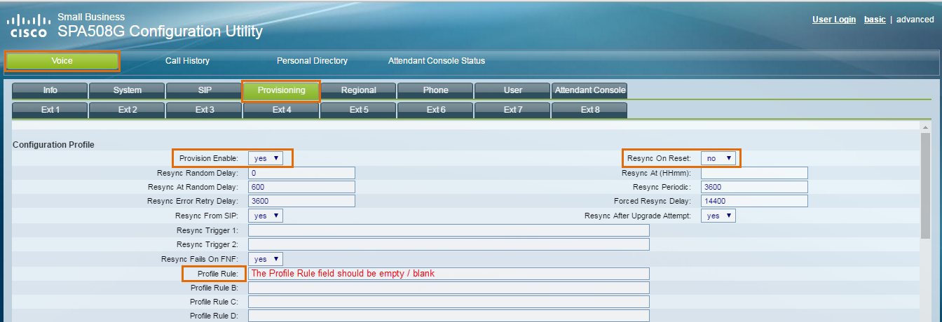 Go to Voice, then Provisioning, and set the configuration profile.