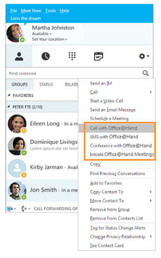 Right clicking on the Skype for Business contact.