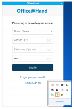 Options appear when you right click Office@Hand icon in the system tray.