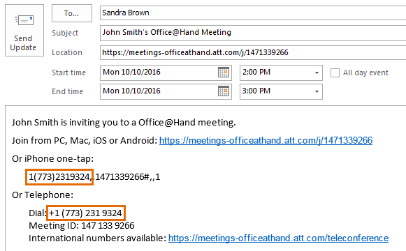 Email invite showing dial number for meeting