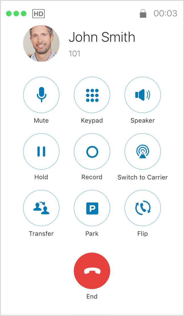 When a call is accepted, a white screen appears and provides all functions to the user.