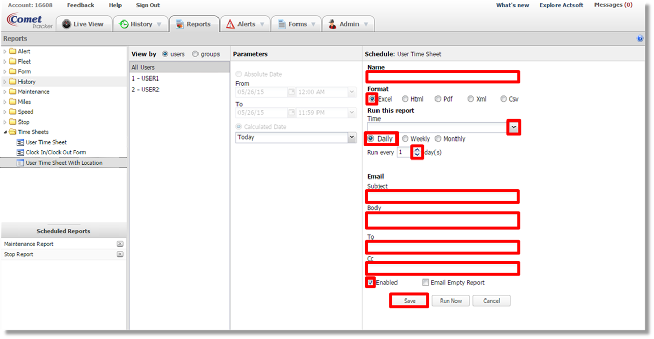 schedule a user time sheet with location report with actsoft comet