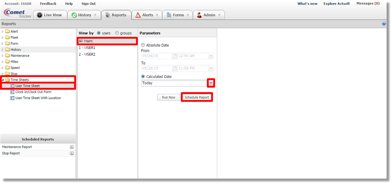 schedule a user time sheet report with actsoft comet tracker from