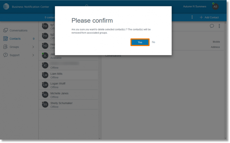A window appears of confirmation to delete contact. Click Yes.