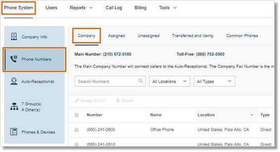 Go to Phone System > Phone Numbers > Company tab.