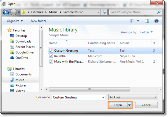 A pop-up window appears where you can locate and select the audio file to upload. 
