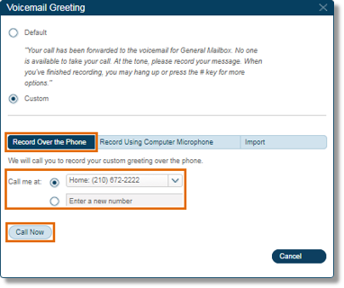 Select Record Over the Phone, then select the telephone number to call or enter a new one in the box provided. Click Call Now