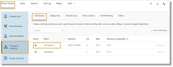 Go to Phone System > Groups, under the Call Queues tab, select the Call Queue Group that needs to be modified.