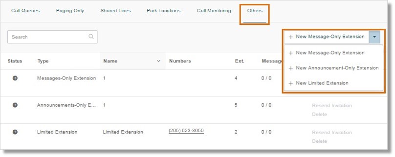 Others > New Message-Only Extension or New Announcement only Extension