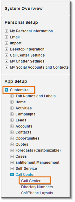 Located on the left hand side, Go to App Setup > Customize > Call center > Call Centers.