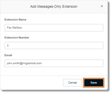 Type the Extension Name, Extension Number, and Email address for the Extension. Click Save.