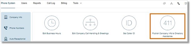 On the Admin Portal, click Publish Company Info to Directory Assistance.