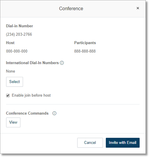 On the Conference screen, you will see the Dial-In Number, Host, and Participants codes.