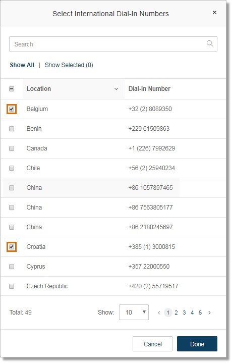 Select the country where that participant will be calling from