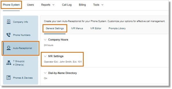 Go to Phone System > Auto-Receptionist > General Settings > IVR Settings.