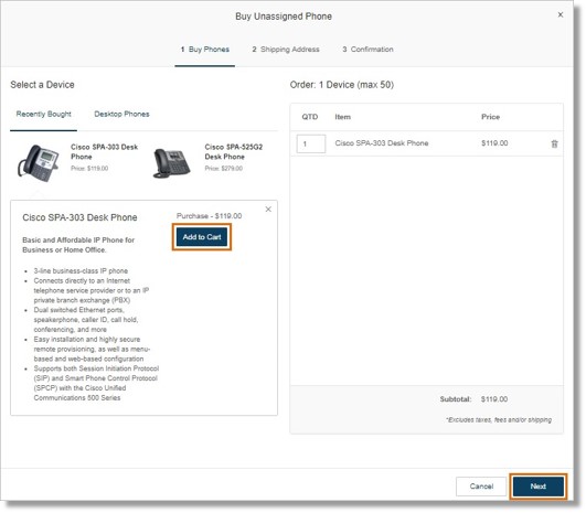 Select a device. Click Add to Cart once selected, and then click Next.