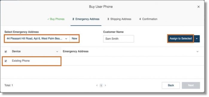 Select from your list of saved Emergency Addresses and assign it to your existing phone. Click Next to complete the process.
