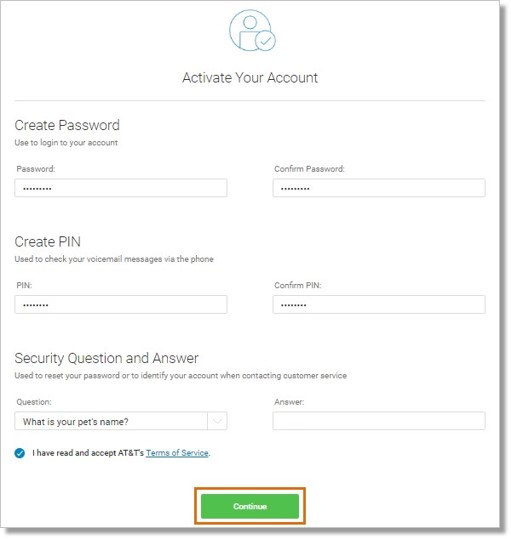 Make sure you have read and accepted AT&T's Terms of Service, and then click Continue.