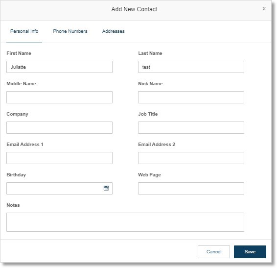 Enter the contact's details such as Personal Info, Phone Numbers, and Addresses.