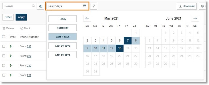 Calls of faxes based on dates can be displayed using the preset ranges