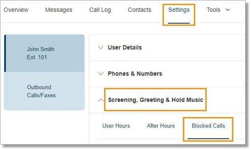 Go to Settings > Screening, Greeting & Hold Music > Blocked Calls.