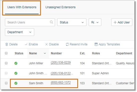 Under Users with Extension, click on the User that you wish to configure.