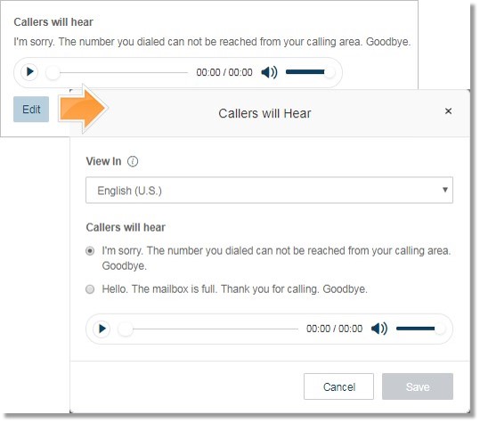 Configure what blocked Callers will hear. Click Edit to select your own language to display the default greeting text and then click Save.
