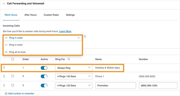 By default, the desktop and mobile apps option is enabled and is set to ring first before your other forwarding numbers.