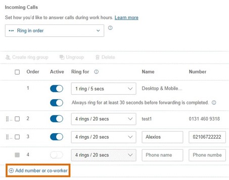 If you need to add more numbers, click Add number or co-worker.