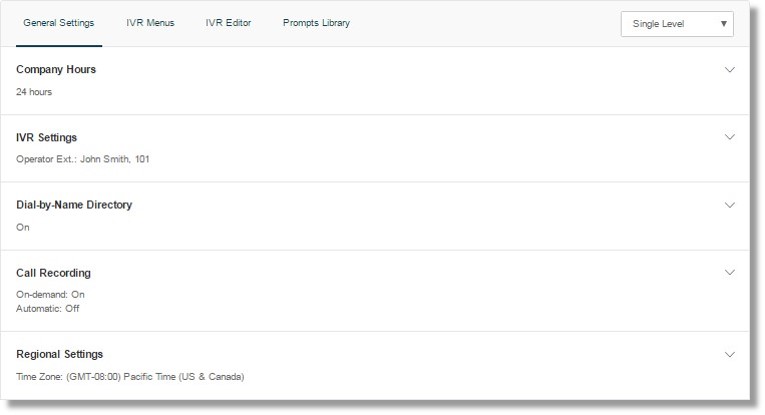 Click any of the 4 Auto-Receptionist menus: General Settings, IVR Menus, IVR Editor, or Prompts Library.