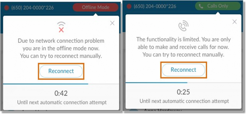Manual reconnect when on online or calls only mode