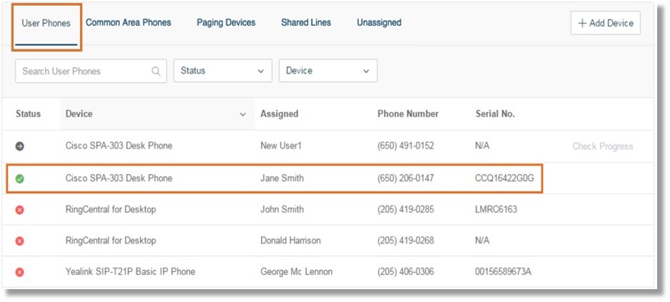 On User Phones tab, select the device that you wish to modify.