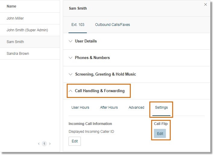 Go to Call Handling and Forwarding > Settings, and then click Edit under Call Flip.