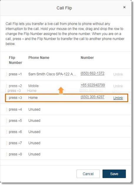 Hold your mouse on the row, drag and drop the row to change the Flip Number assigned to the phone number.