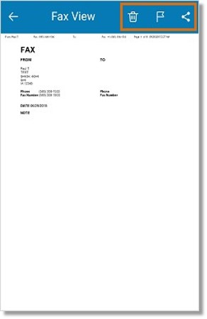 When viewing a Fax message, tap the icons on the top-right part of the screen to Delete, Flag as read/unread, or Share the fax.