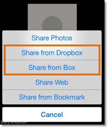 Tap Share, then tap either Share from Dropbox or Share from Box.