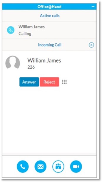 When an incoming call arrives, you can Answer or Reject directly from the AT&T Office@Hand for Skype for Business app.