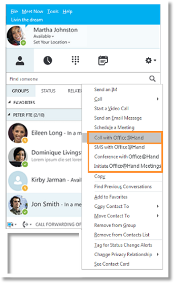 right-click on a Skype for Business contact and select Call with Office@Hand, the contact’s phone numbers saved in Office@Hand and Skype for Business will be populated